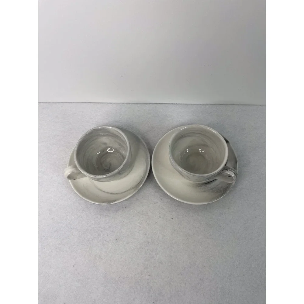 Ciroa Marbled Demitasse  2 Espresso Cups and Saucer set Gray Black White